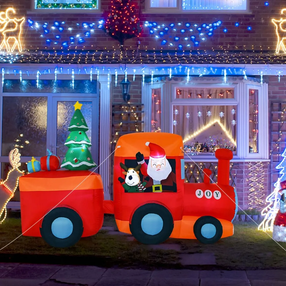 150CM Aufblasbare Weihnachten Deko LED Weihnachtsmann & Rentier im Minizug