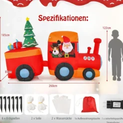 150CM Aufblasbare Weihnachten Deko LED Weihnachtsmann & Rentier im Minizug