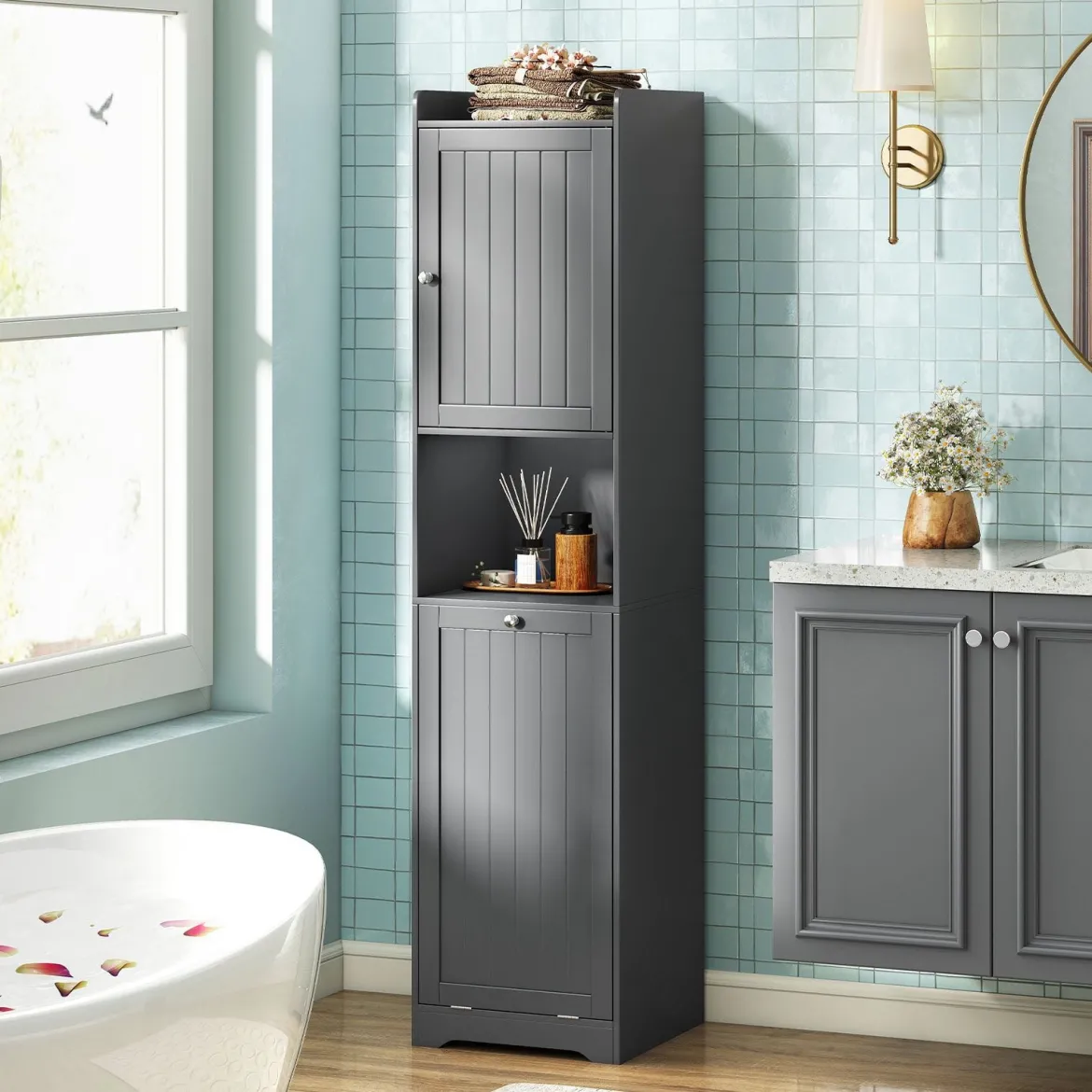 170 cm Badezimmerschrank hoher & schlanker Wäscheturm mit Stauraum verstellbares Regal Wäschesack Grau