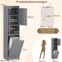 170 cm Badezimmerschrank hoher & schlanker Wäscheturm mit Stauraum verstellbares Regal Wäschesack Grau