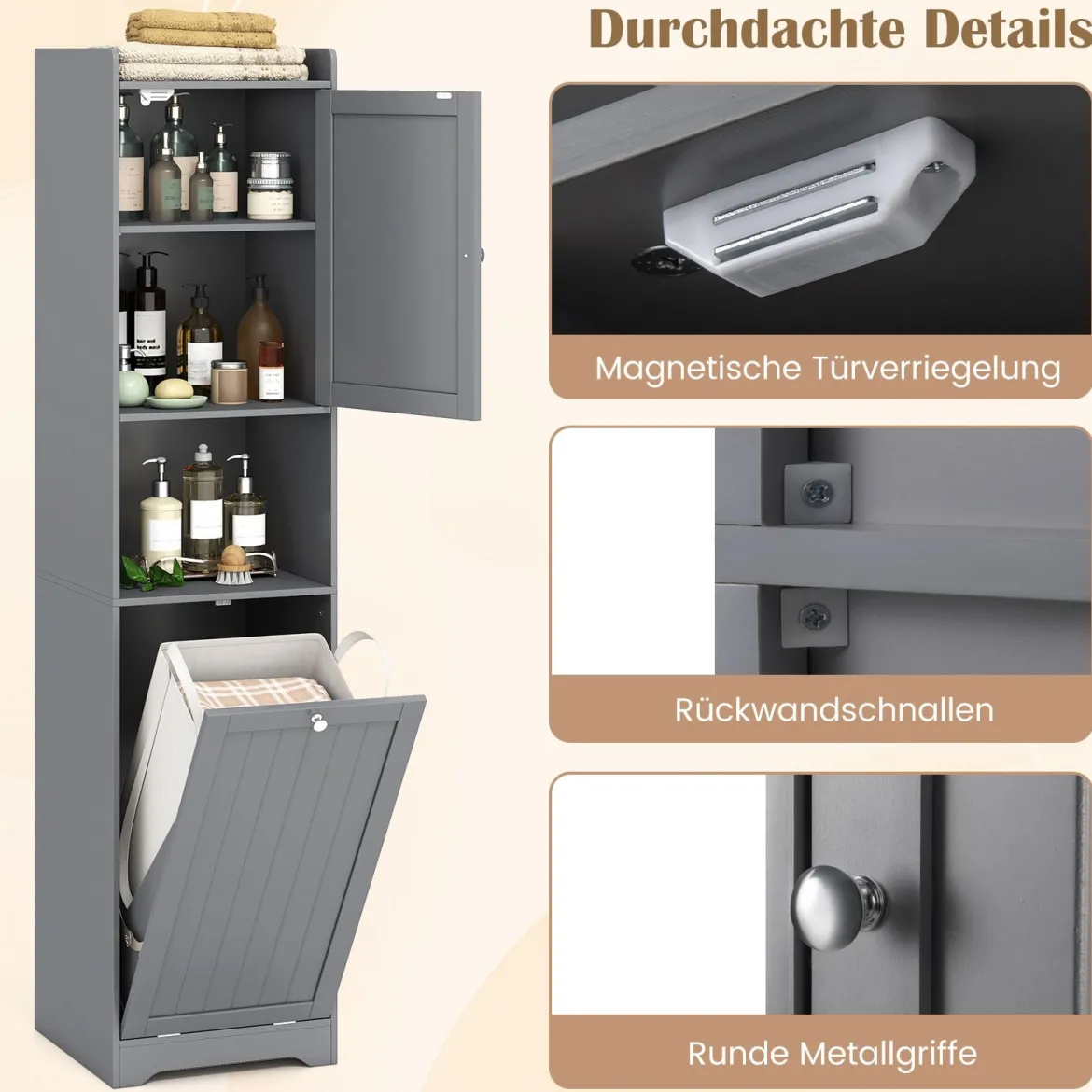 170 cm Badezimmerschrank hoher & schlanker Wäscheturm mit Stauraum verstellbares Regal Wäschesack Grau