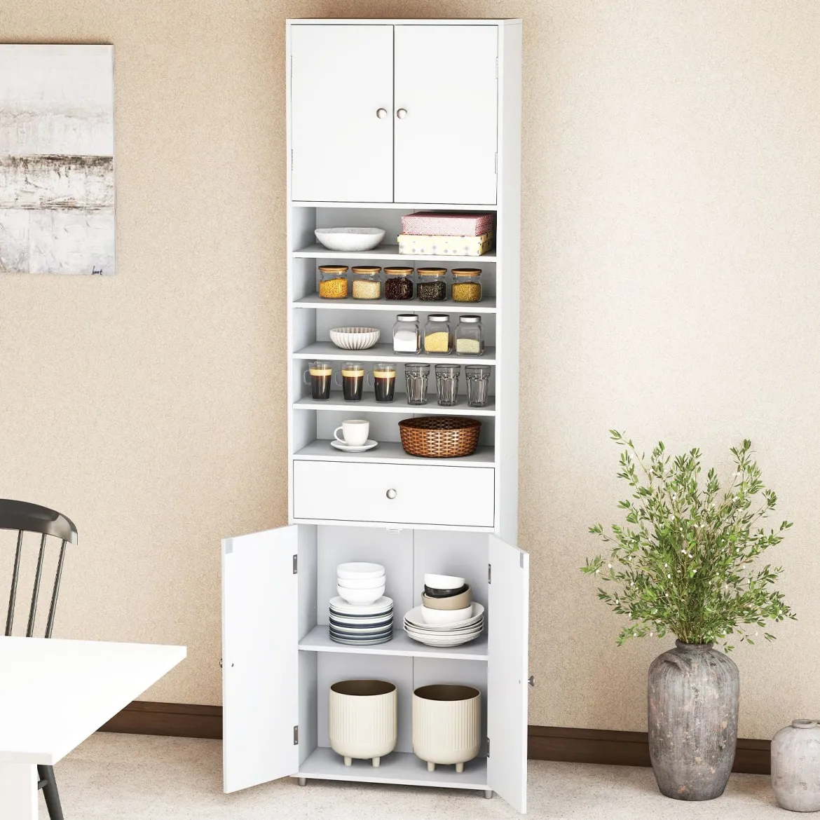 180 cm Badezimmerschrank mit Schublade & Türen & Verstellbaren Regalen Bodenschrank Weiß