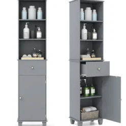 172 cm Badezimmerschrank schmaler Badschrank mit 3 offenen Regalen 1 Schublade 1 Tür Grau