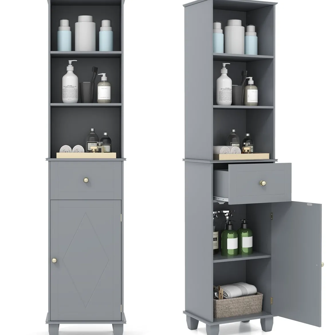 172 cm Badezimmerschrank schmaler Badschrank mit 3 offenen Regalen 1 Schublade 1 Tür Grau