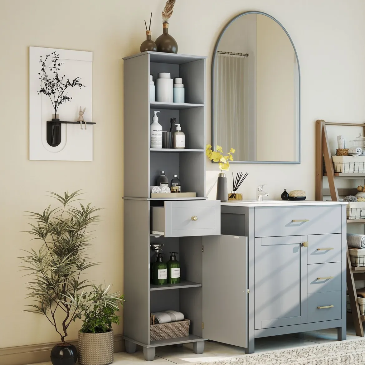 172 cm Badezimmerschrank schmaler Badschrank mit 3 offenen Regalen 1 Schublade 1 Tür Grau