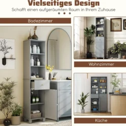 172 cm Badezimmerschrank schmaler Badschrank mit 3 offenen Regalen 1 Schublade 1 Tür Grau