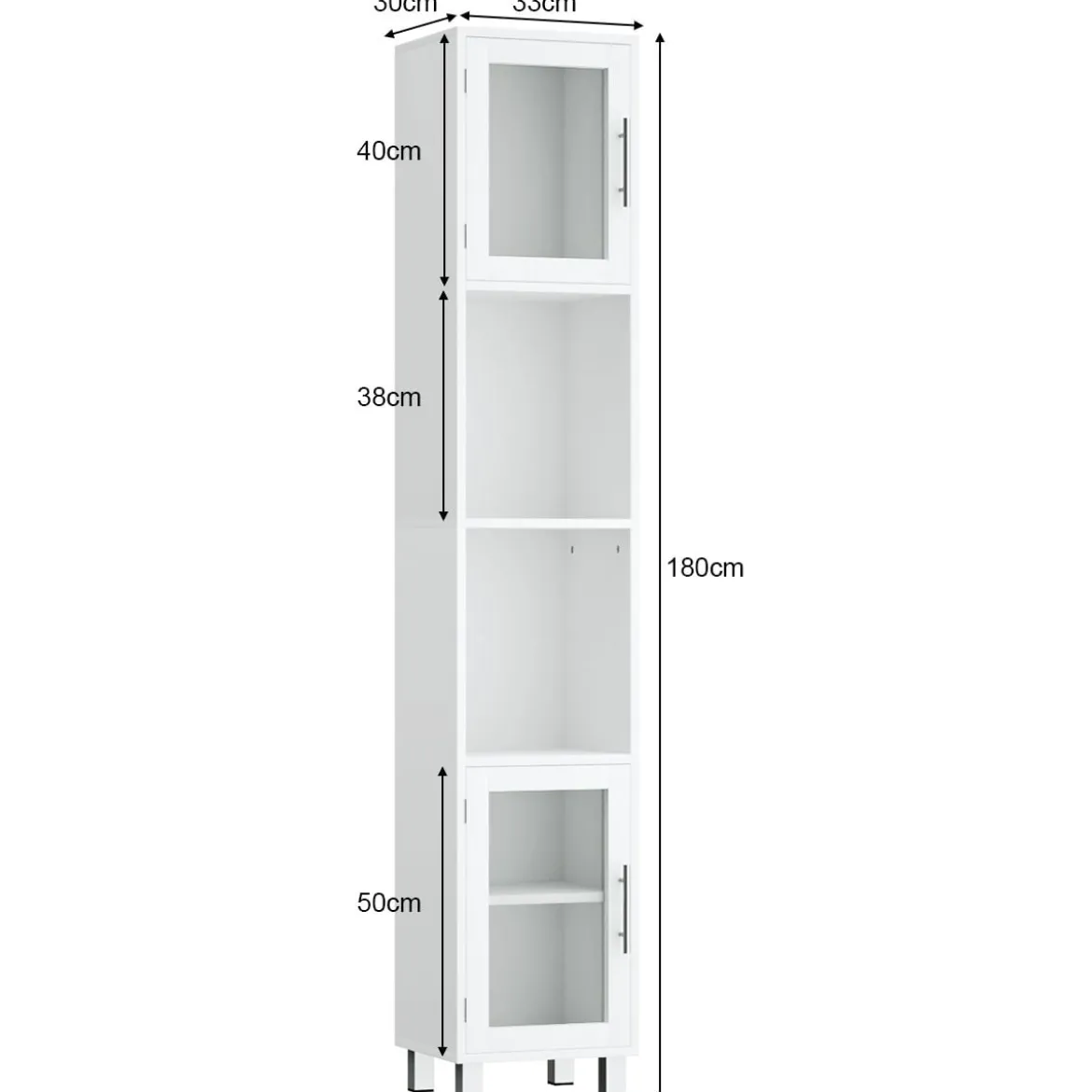 180 cm Badezimmerschrank Schmaler Turmschrank mit 2 Ablagen Weiß