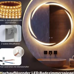 Ø70 cm Badspiegel mit Beleuchtung & 3-Farblichtern & Antibeschlag Dimmbarer Wandspiegel