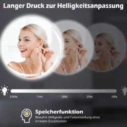Ø70 cm Badspiegel mit Beleuchtung & 3-Farblichtern & Antibeschlag Dimmbarer Wandspiegel
