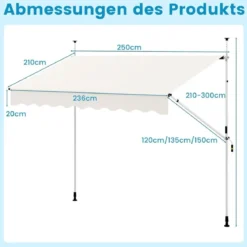 250 / 400 cm Balkonmarkise ohne Bohren mit Handkurbel Höhenverstellbare & Klemmmarkise