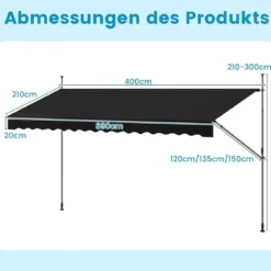 250 / 400 cm Balkonmarkise ohne Bohren mit Handkurbel Höhenverstellbare & Klemmmarkise