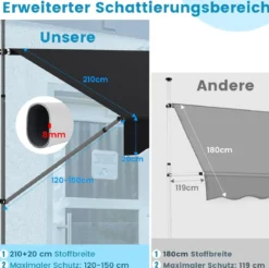 250 / 400 cm Balkonmarkise ohne Bohren mit Handkurbel Höhenverstellbare & Klemmmarkise