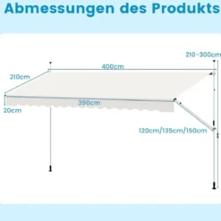 250 / 400 cm Balkonmarkise ohne Bohren mit Handkurbel Höhenverstellbare & Klemmmarkise
