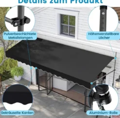 250 / 400 cm Balkonmarkise ohne Bohren mit Handkurbel Höhenverstellbare & Klemmmarkise