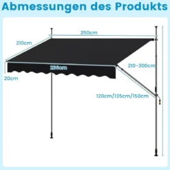 250 / 400 cm Balkonmarkise ohne Bohren mit Handkurbel Höhenverstellbare & Klemmmarkise