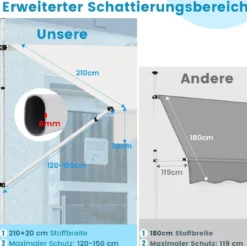 250 / 400 cm Balkonmarkise ohne Bohren mit Handkurbel Höhenverstellbare & Klemmmarkise