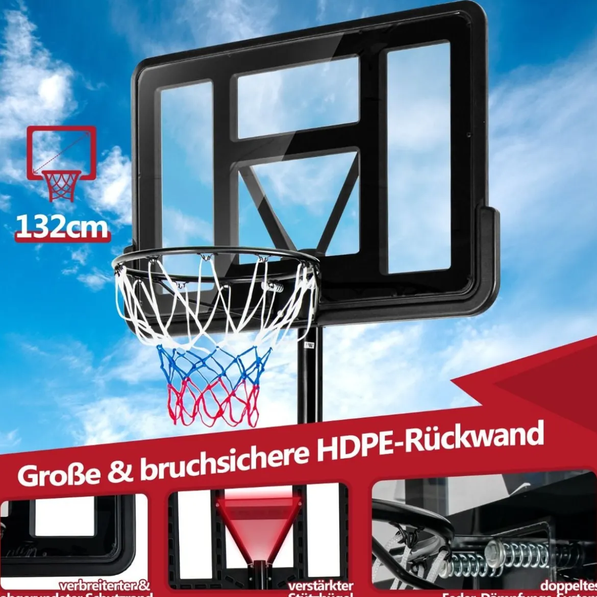 130 - 305 cm Basketballständer mit Netz & 2 Rädern Höhenverstellbar Schwarz
