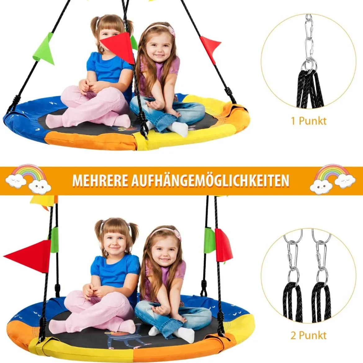 Ø100 cm Baumschaukel Kinder Nestschaukel verstellbaren Seil Dunkelblau + Orange + Gelb