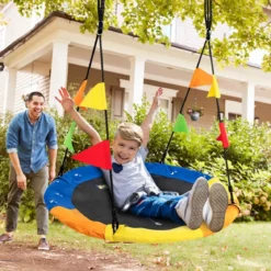 Ø100 cm Baumschaukel Kinder Nestschaukel verstellbaren Seil Dunkelblau + Orange + Gelb