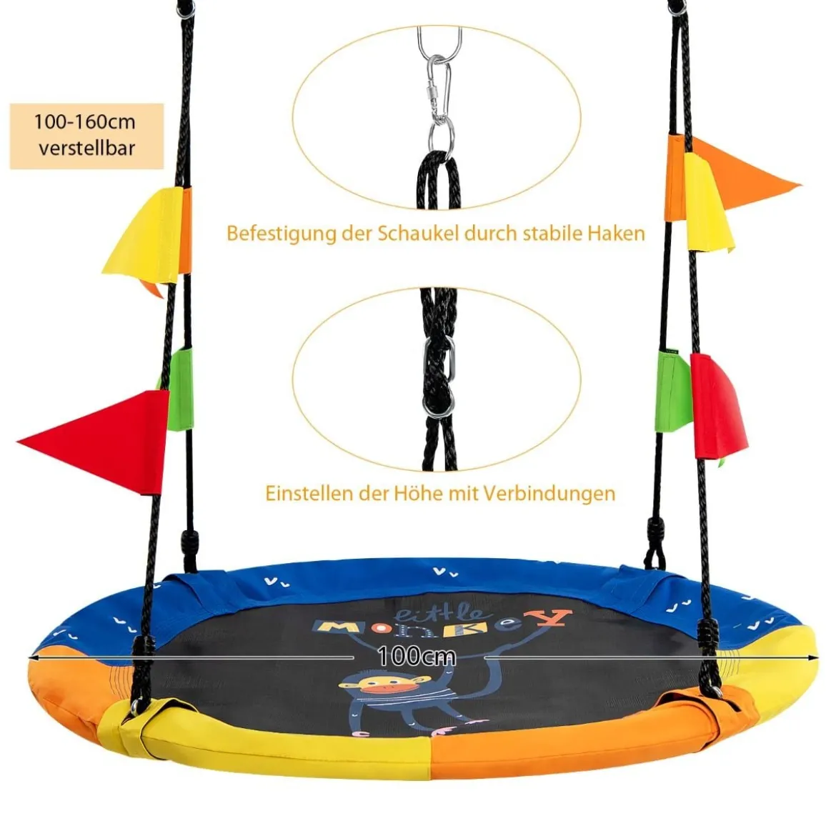 Ø100 cm Baumschaukel Kinder Nestschaukel verstellbaren Seil Dunkelblau + Orange + Gelb