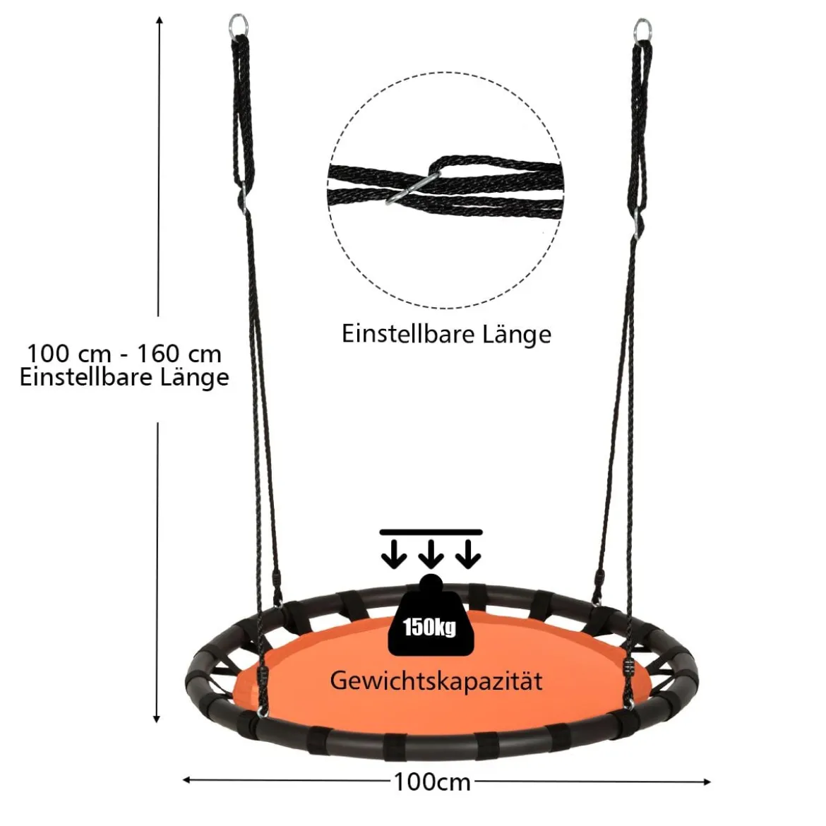 Ø 100 cm Baumschaukel Nestschaukel Rund mit 100-160 cm verstellbaren Seil Orange + Schwarz