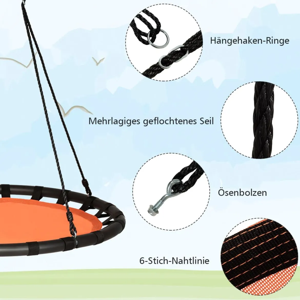 Ø 100 cm Baumschaukel Nestschaukel Rund mit 100-160 cm verstellbaren Seil Orange + Schwarz