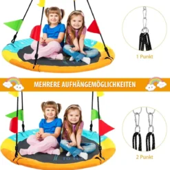 Ø100 cm Baumschaukel runde Schaukel mit bunten Fahnen Himmelblau + Orange + Gelb