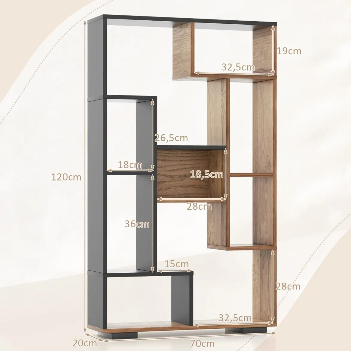 120cm Bücherregal mit 9 Fächern Standregal Raumteiler geometrisch Schwarz und Holz