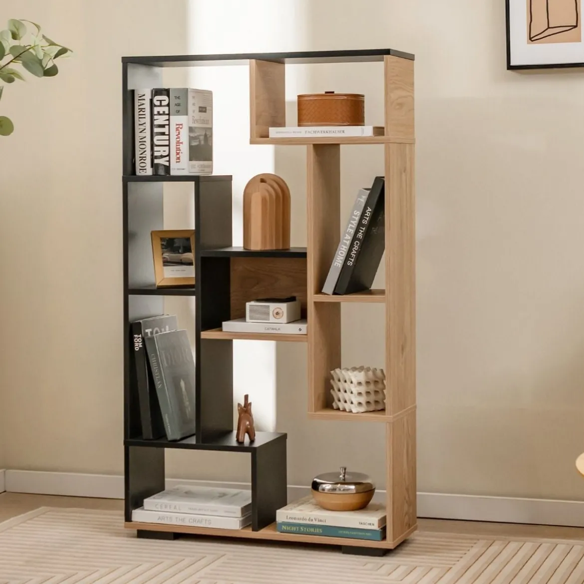120cm Bücherregal mit 9 Fächern Standregal Raumteiler geometrisch Schwarz und Holz