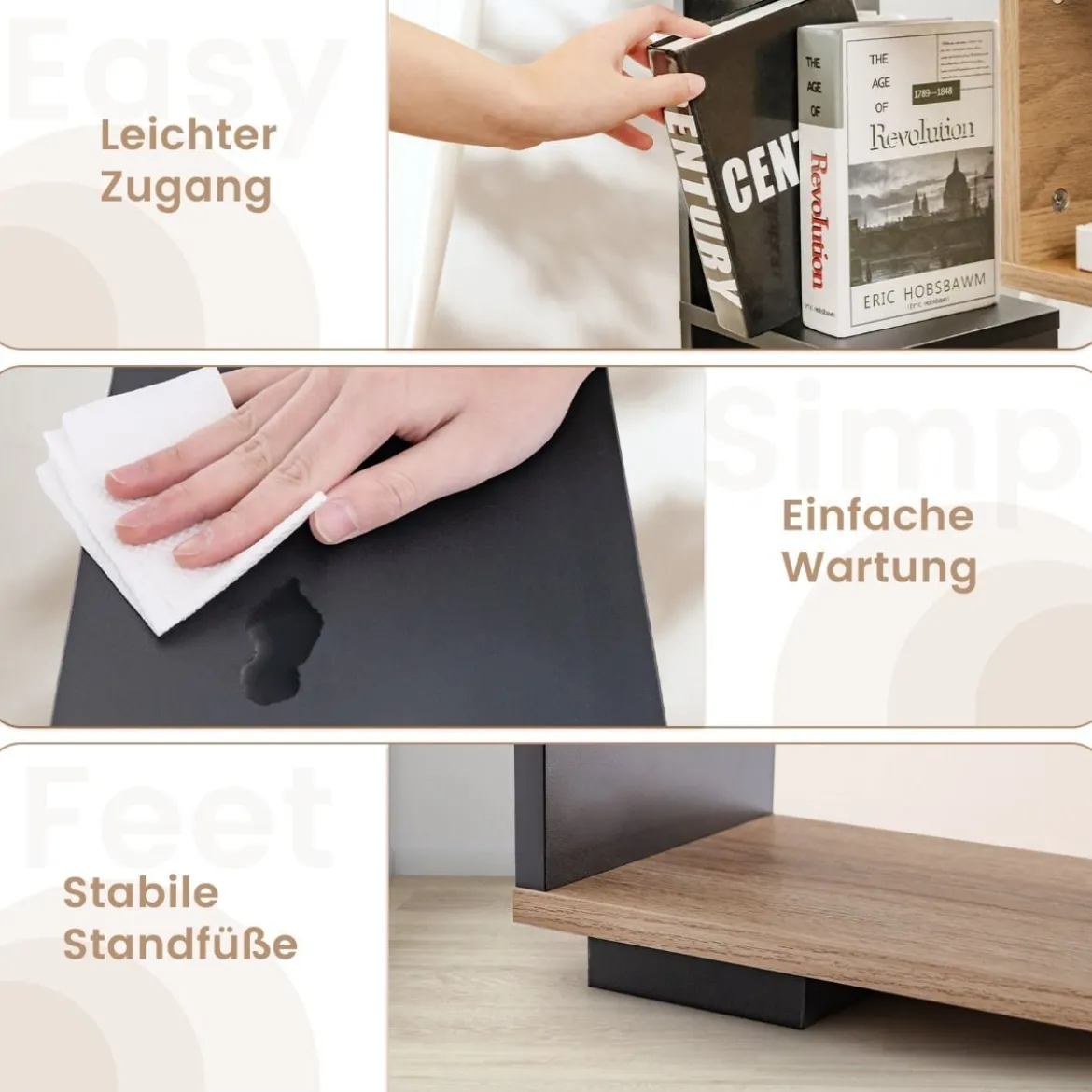 120cm Bücherregal mit 9 Fächern Standregal Raumteiler geometrisch Schwarz und Holz
