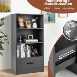 120 cm Bücherregal mit Schubladen 4 Ebenen Lagerregal aus Holz Standregal 60 x 38 x 120 cm Grau