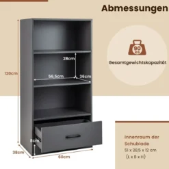 120 cm Bücherregal mit Schubladen 4 Ebenen Lagerregal aus Holz Standregal 60 x 38 x 120 cm Grau