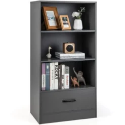 120 cm Bücherregal mit Schubladen 4 Ebenen Lagerregal aus Holz Standregal 60 x 38 x 120 cm Grau