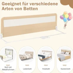 180 cm Beige Lange Klappbares Bettgitter mit Sicherheitsgurten 180° Faltbar
