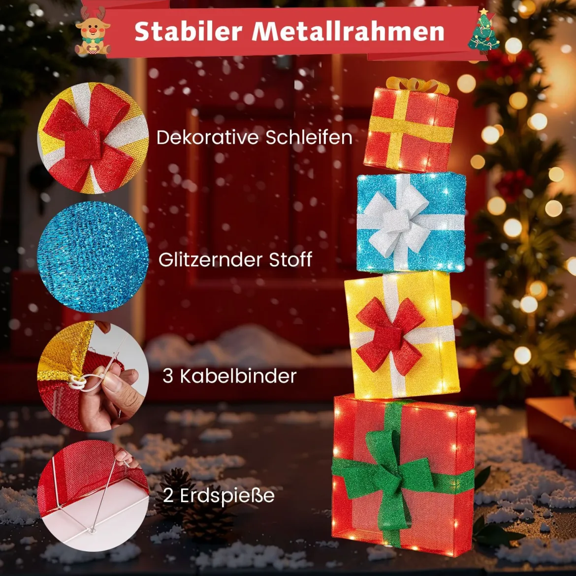 120 cm beleuchtete Geschenkboxen 2D Weihnachtsdekoration-Set mit LED-Lichtern 4 gestapelten Weihnachtsgeschenkboxen Mehrfarbig