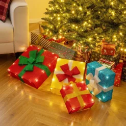 120 cm beleuchtete Geschenkboxen 2D Weihnachtsdekoration-Set mit LED-Lichtern 4 gestapelten Weihnachtsgeschenkboxen Mehrfarbig