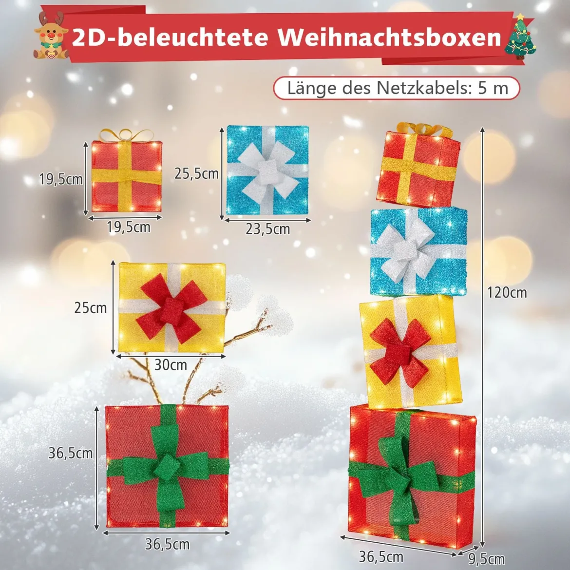 120 cm beleuchtete Geschenkboxen 2D Weihnachtsdekoration-Set mit LED-Lichtern 4 gestapelten Weihnachtsgeschenkboxen Mehrfarbig