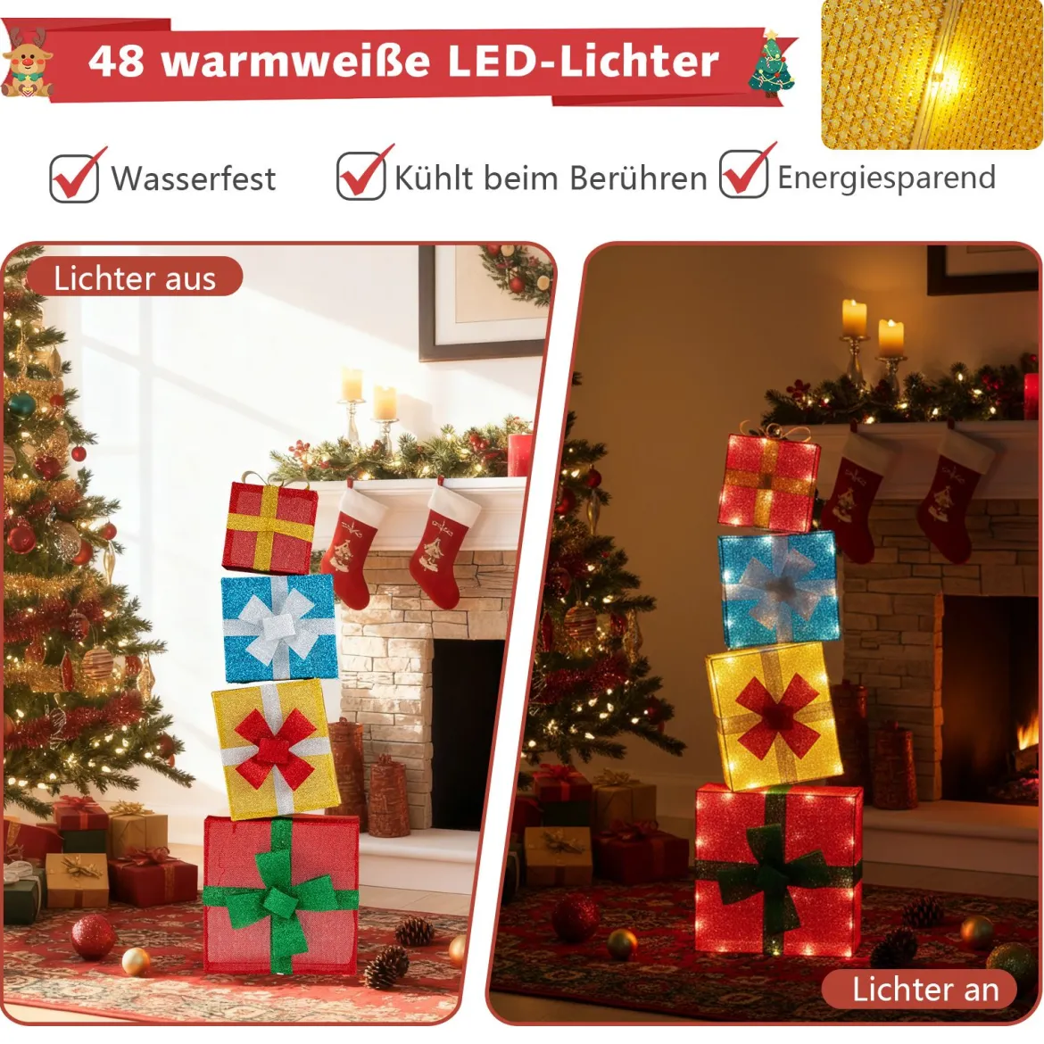 120 cm beleuchtete Geschenkboxen 2D Weihnachtsdekoration-Set mit LED-Lichtern 4 gestapelten Weihnachtsgeschenkboxen Mehrfarbig