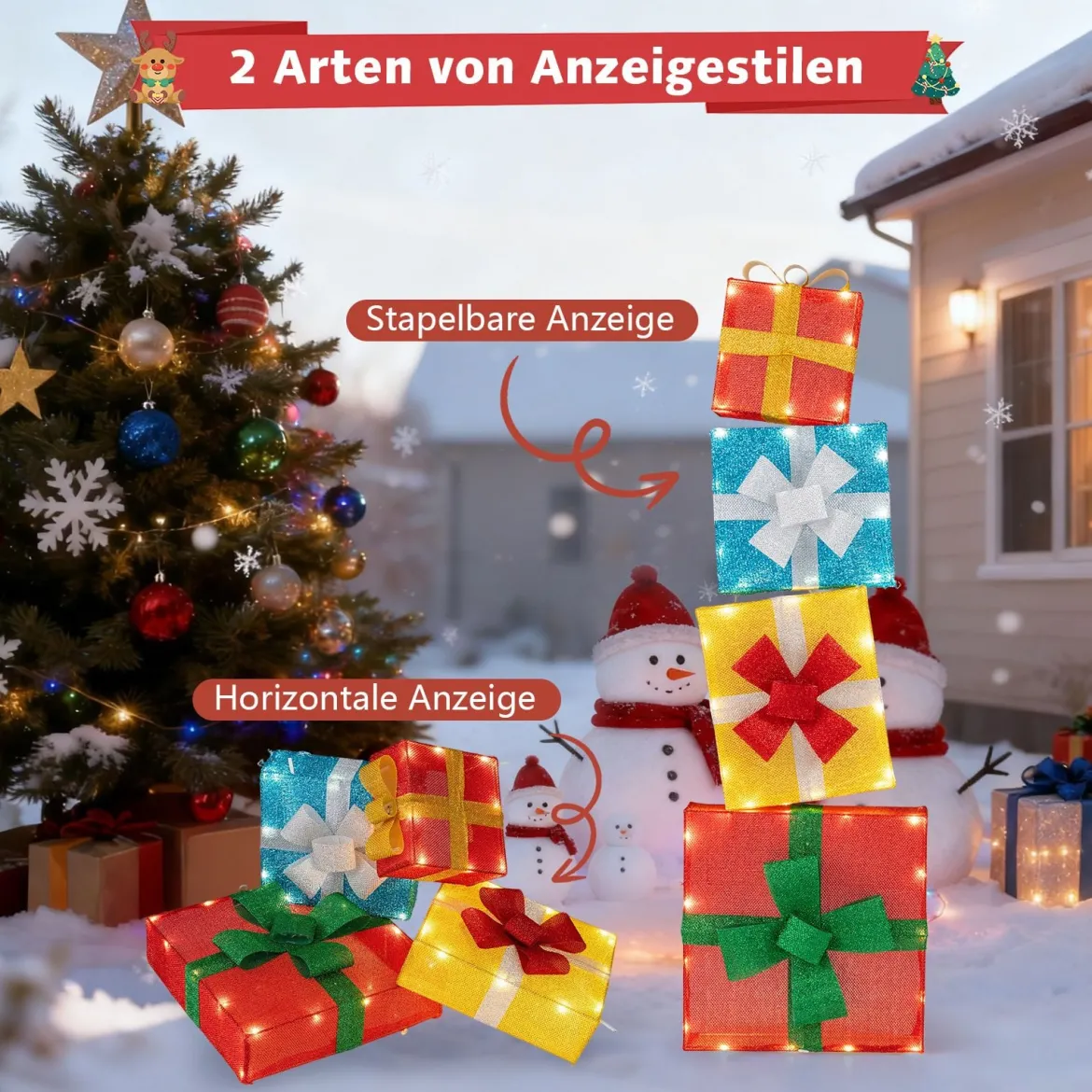 120 cm beleuchtete Geschenkboxen 2D Weihnachtsdekoration-Set mit LED-Lichtern 4 gestapelten Weihnachtsgeschenkboxen Mehrfarbig