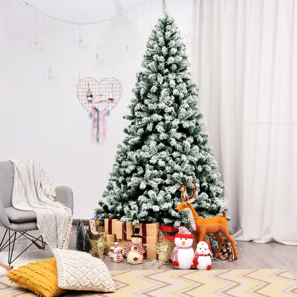 225 cm beleuchteter schneebedeckter Weihnachtsbaum mit klappbarer Metallständer Grün + Weiß