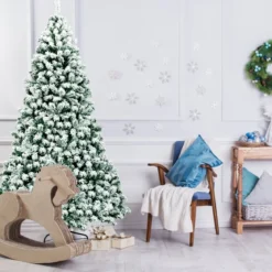 225 cm beleuchteter schneebedeckter Weihnachtsbaum mit klappbarer Metallständer Grün + Weiß
