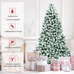 225 cm beleuchteter schneebedeckter Weihnachtsbaum mit klappbarer Metallständer Grün + Weiß