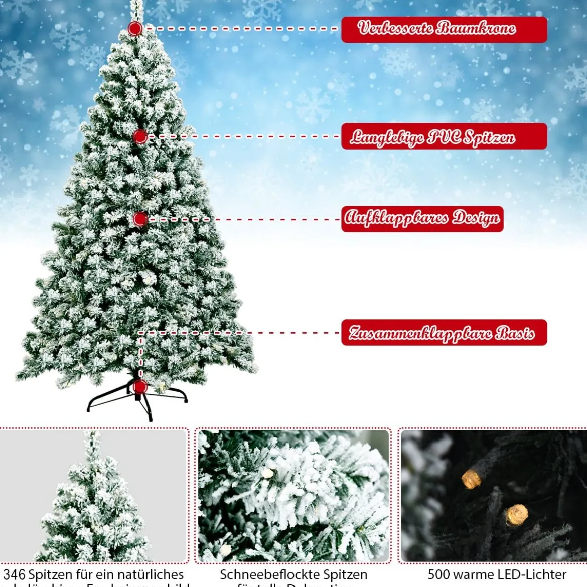 225 cm beleuchteter schneebedeckter Weihnachtsbaum mit klappbarer Metallständer Grün + Weiß