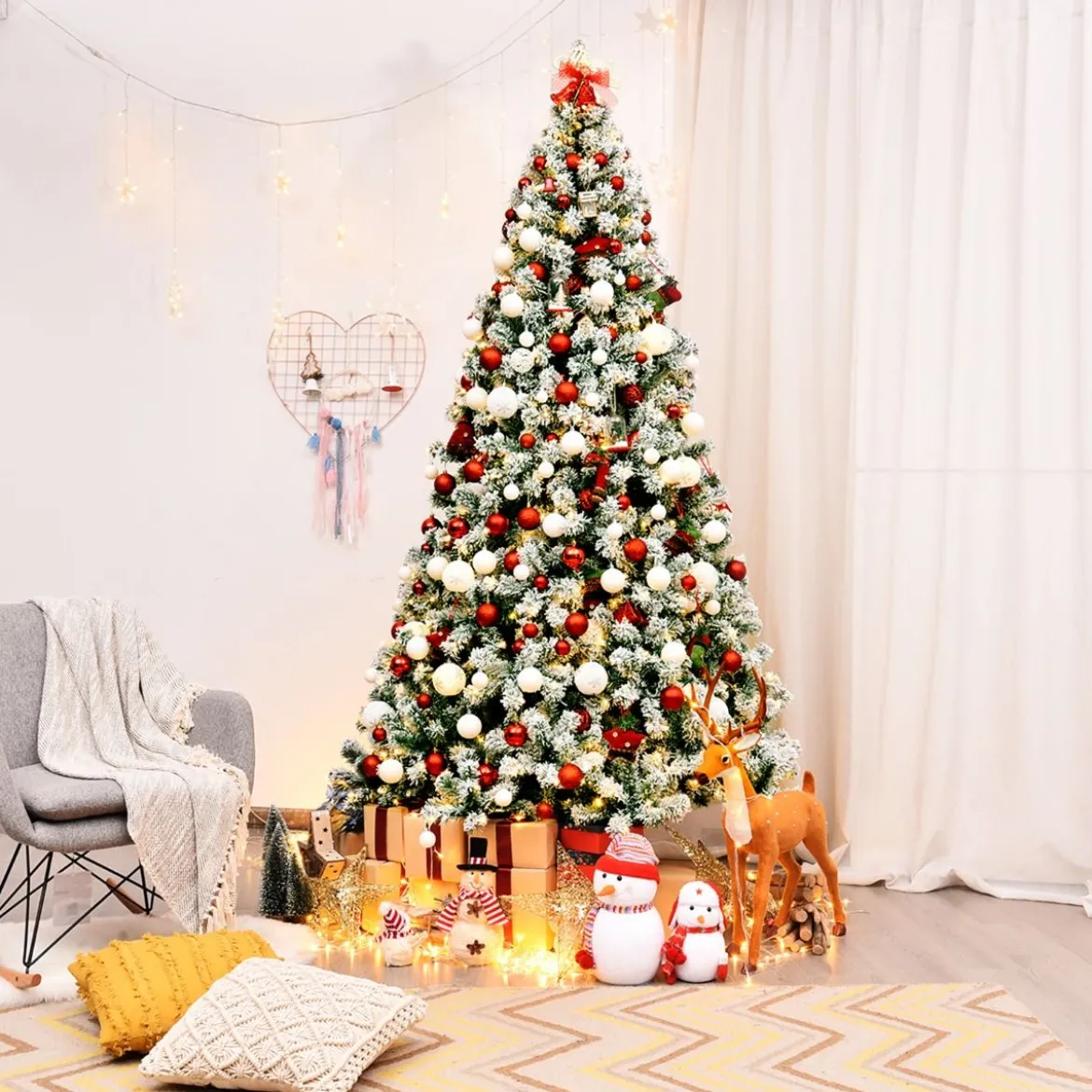 225 cm beleuchteter schneebedeckter Weihnachtsbaum mit klappbarer Metallständer Grün + Weiß
