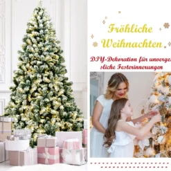 225 cm beleuchteter schneebedeckter Weihnachtsbaum mit klappbarer Metallständer Grün + Weiß