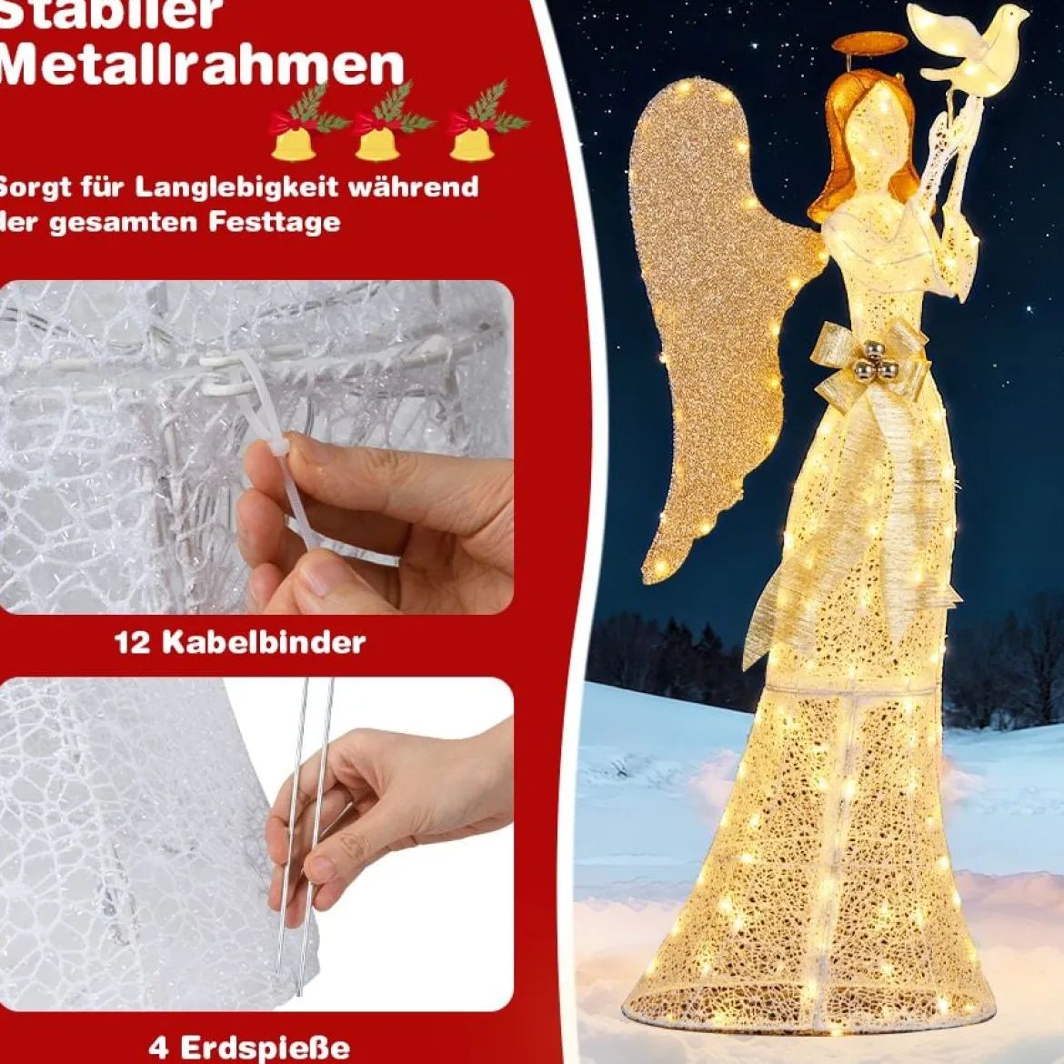 165cm Beleuchteter Weihnachtsengel mit 150 Warmweißen LED-Lichtern & Taube Weihnachtsdeko