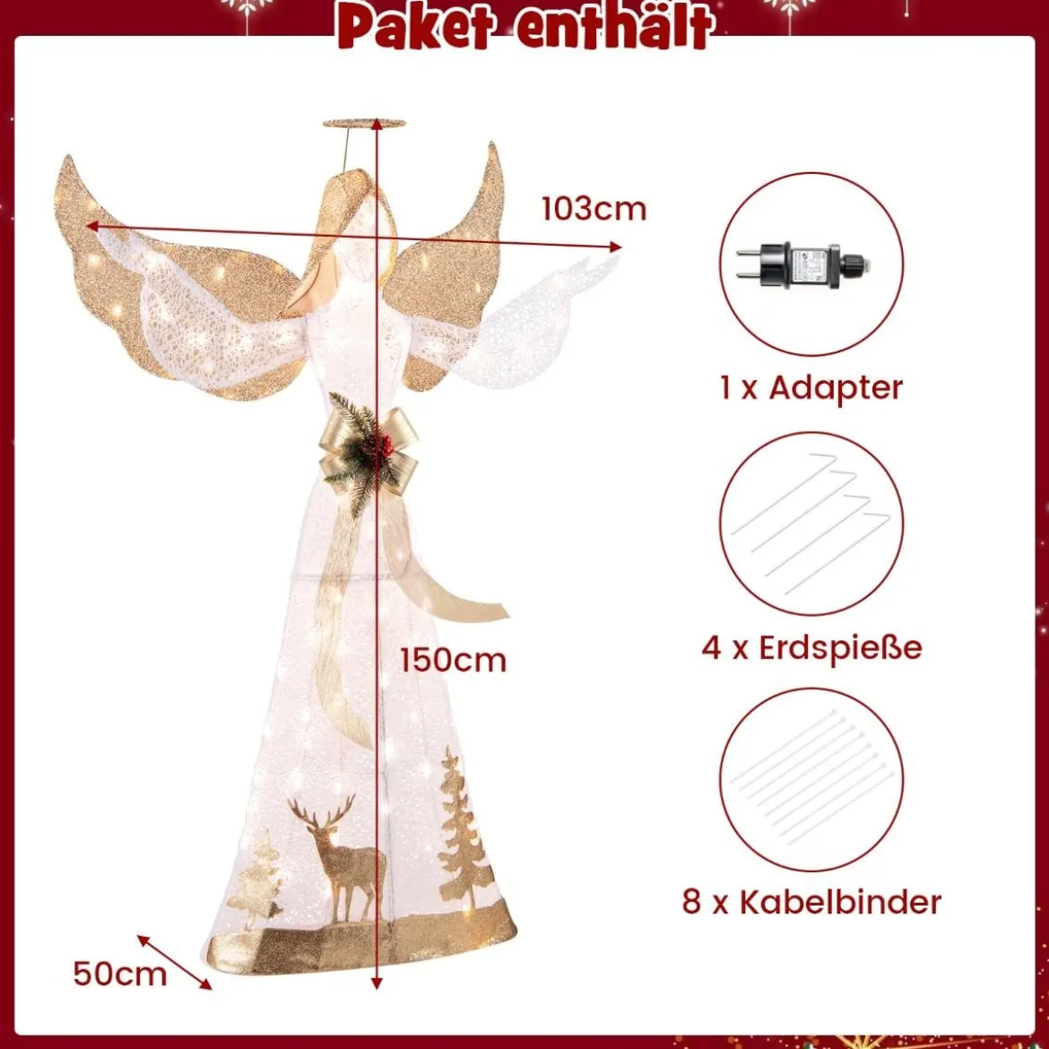 150 cm Beleuchtete Weihnachtsfigur mit 100 Warmweißen LED-Lichtern Engel Weihnachtsdeko