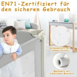 150 cm Bettgitter Höhenverstellbar Bettschutzgitter mit Verbindungszubehör Grau