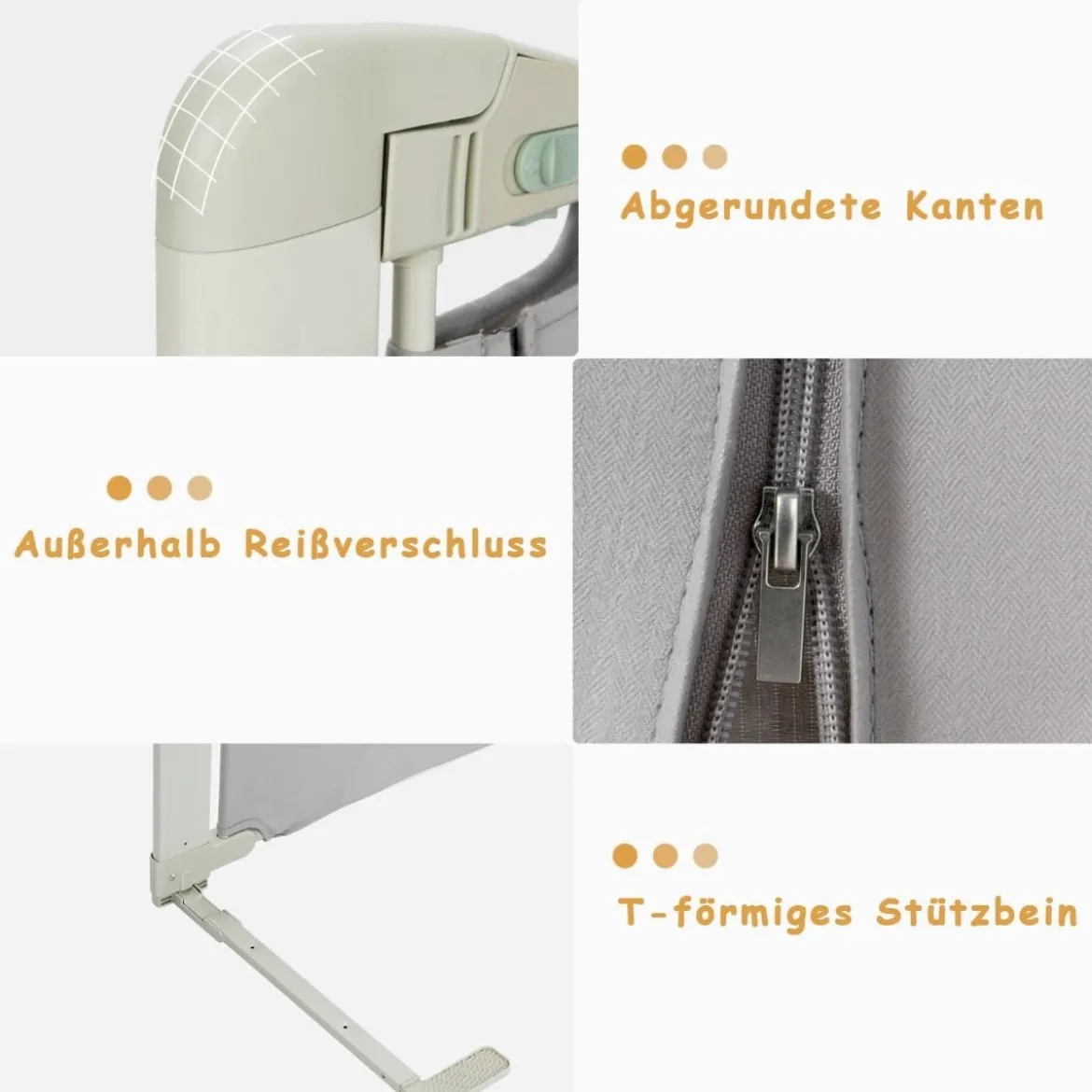 180 cm Bettgitter Höhenverstellbar Bettschutzgitter mit Verbindungszubehör Grau