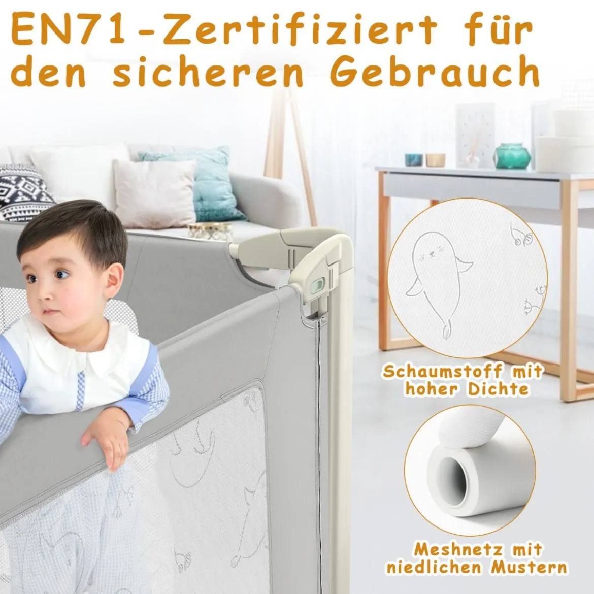 180 cm Bettgitter Höhenverstellbar Bettschutzgitter mit Verbindungszubehör Grau